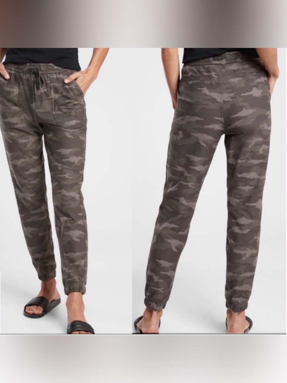 Athleta Olive Camo Farallon Joggers size 6 travel athleisure loungewear utility